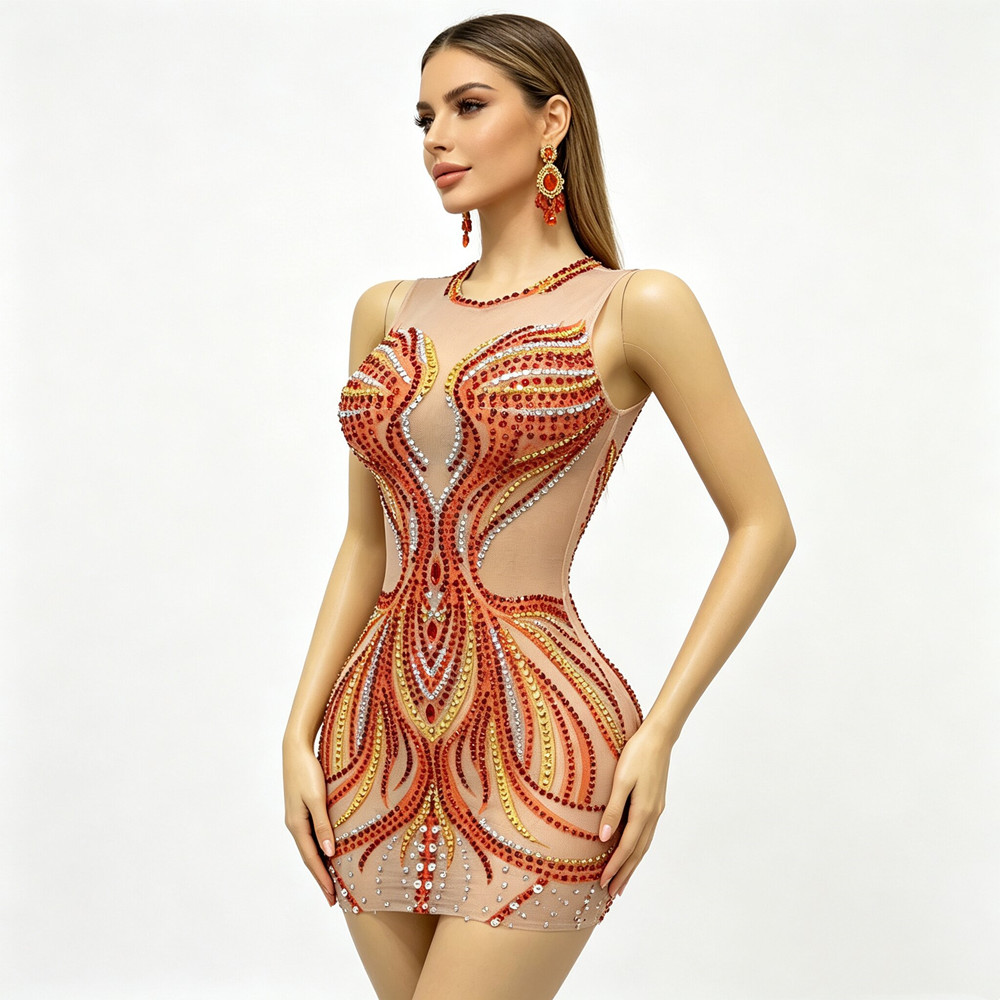 Sparkly Rhinestone Club Party Dress - Robe courte moulante transparente sans manches