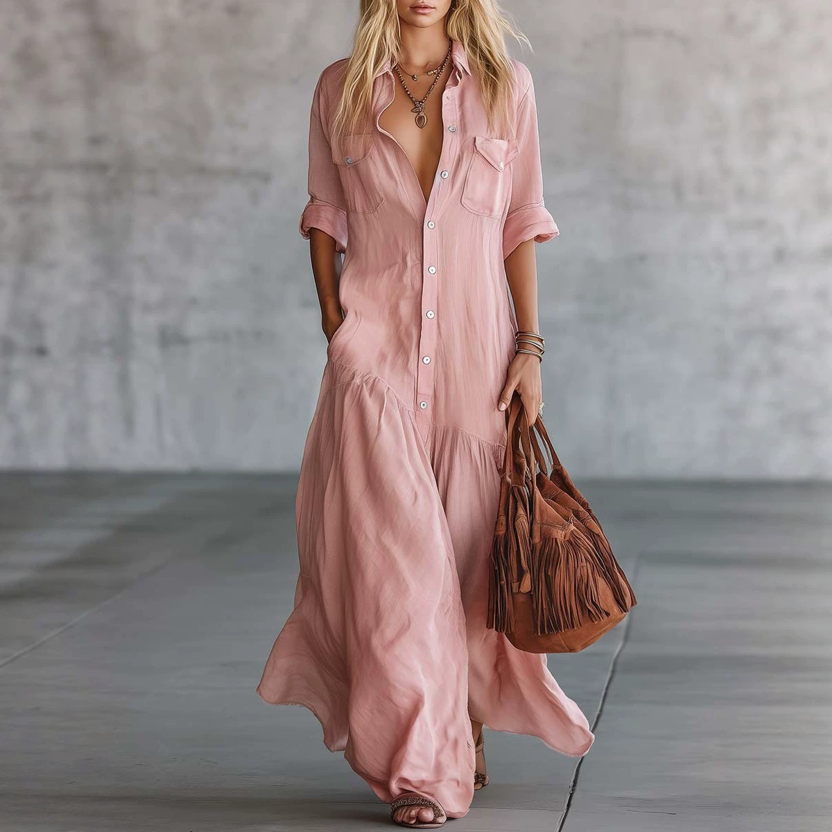 Casual Loose Linen Shirt Dress - Robe chemise longue en coton et