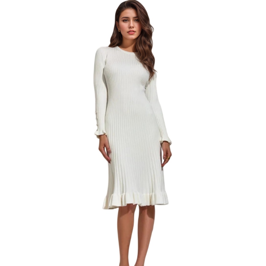 Bodycon Long Sleeve Ribbed Dress - Robe moulante à manches longues en