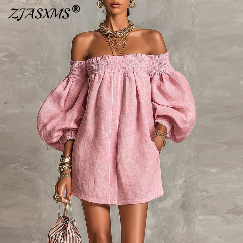 Off Shoulder Puff Sleeve Sundress - Nouvelle Robe Courte Décontractée pour Femme
