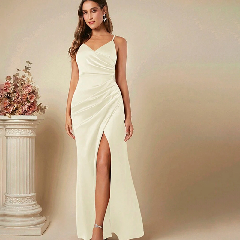 Elegant Satin Evening Gown Split - Robe à bretelles en Satin pour