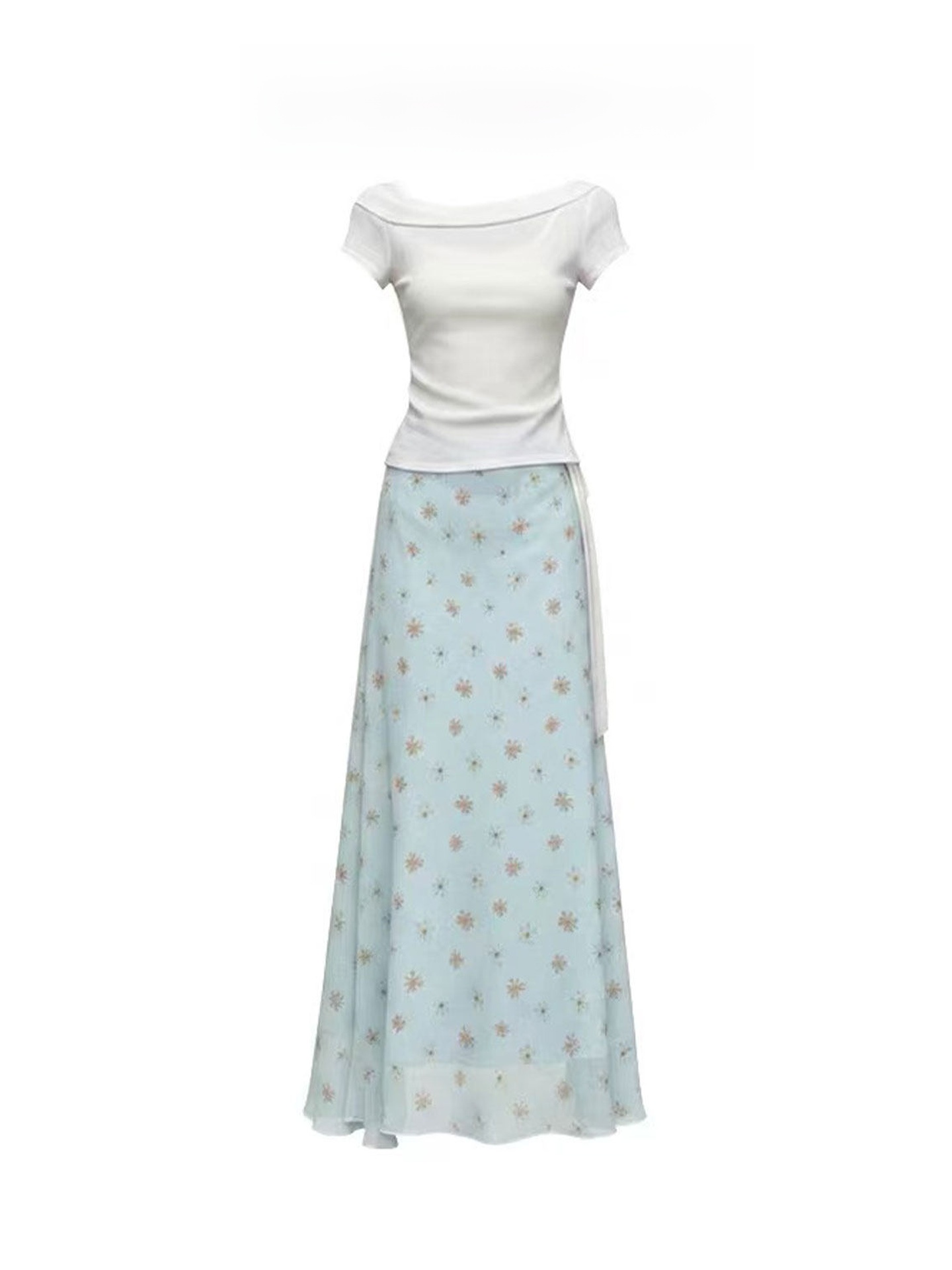 Korean Style A Line Shirt Dress - Ensemble jupe mi-longue florale et t-shirt