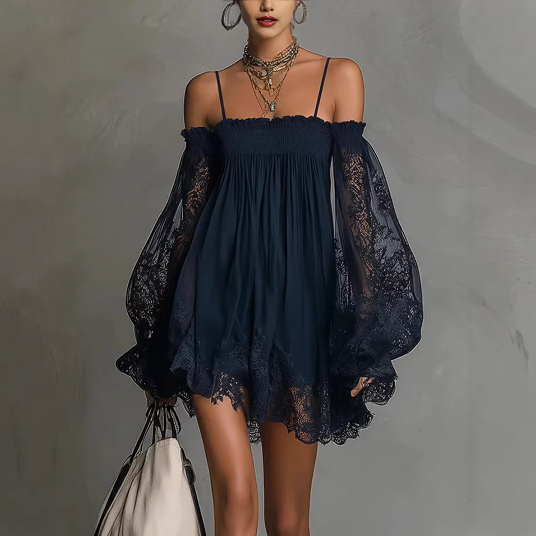 Off Shoulder Puff Sleeve Sundress - Robe Courte Épaules Dénudées en Dentelle