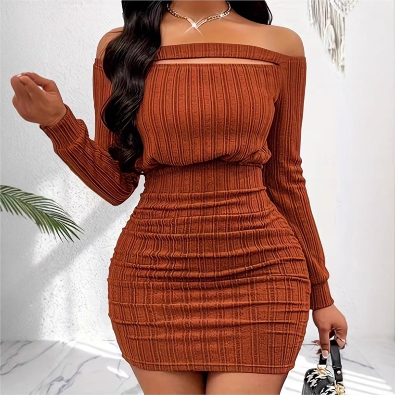 Bodycon Long Sleeve Ribbed Dress - Robe de mode pour femmes, printemps-automne,