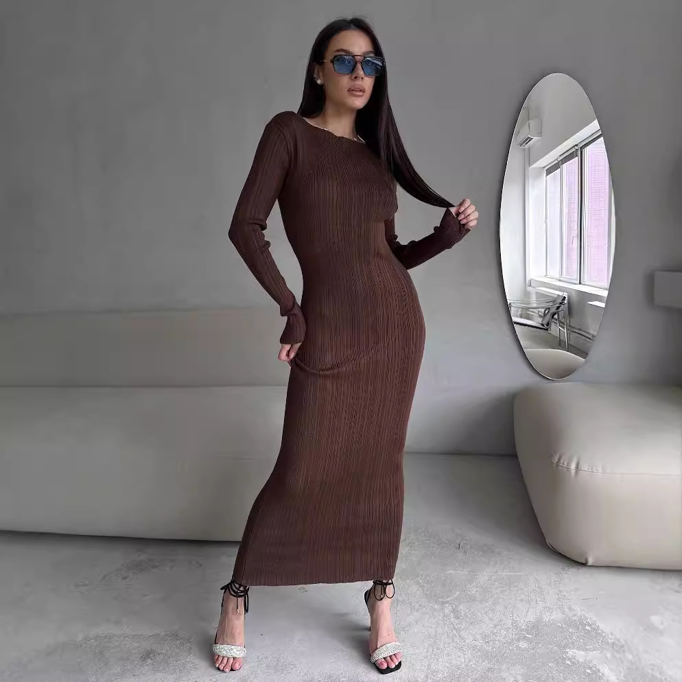 Bodycon Long Sleeve Ribbed Dress - Robe longue moulante élégante pour femme,
