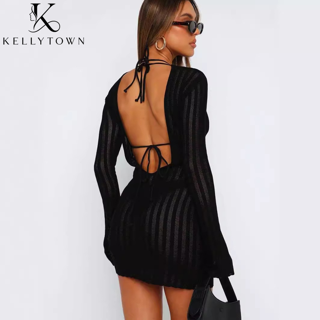 Bodycon Long Sleeve Ribbed Dress - Robe dos nu sexy en maille