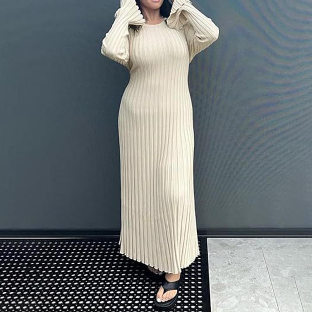 Bodycon Long Sleeve Ribbed Dress - Robe longue en maille côtelée pour