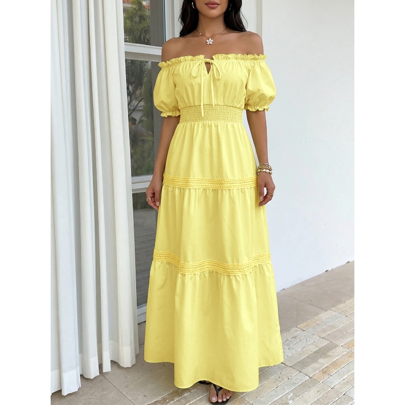 Off Shoulder Puff Sleeve Sundress - Robe longue d'été bohème jaune pour
