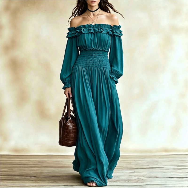 Off Shoulder Puff Sleeve Sundress - Robe longue plissée épaules dénudées pour