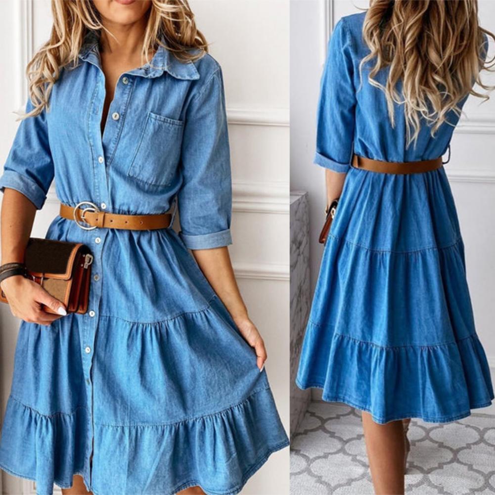 French Vintage Floral Midi Dress - Robe en jean à manches trois-quarts