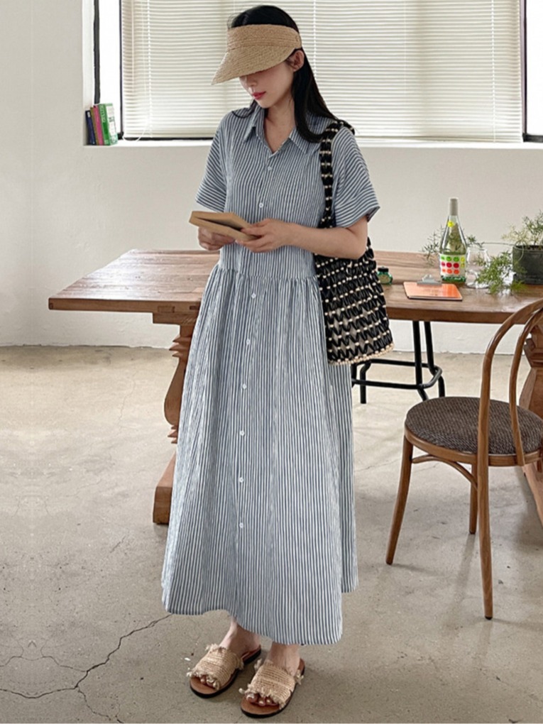 Robe chemise rayée ample style - Casual Loose Linen Shirt Dress avis et prix