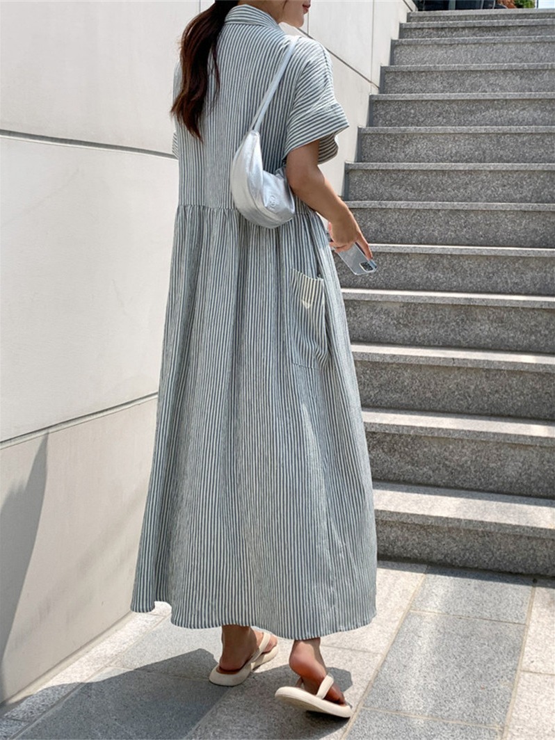 Robe chemise rayée ample style - Casual Loose Linen Shirt Dress avis et prix