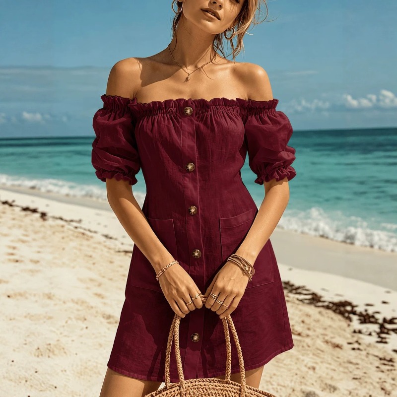 Robe courte femme à épaules dé - Off Shoulder Puff Sleeve Sundress avis et prix