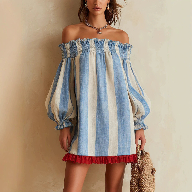 Robe courte ample bohème pour  - Off Shoulder Puff Sleeve Sundress avis et prix