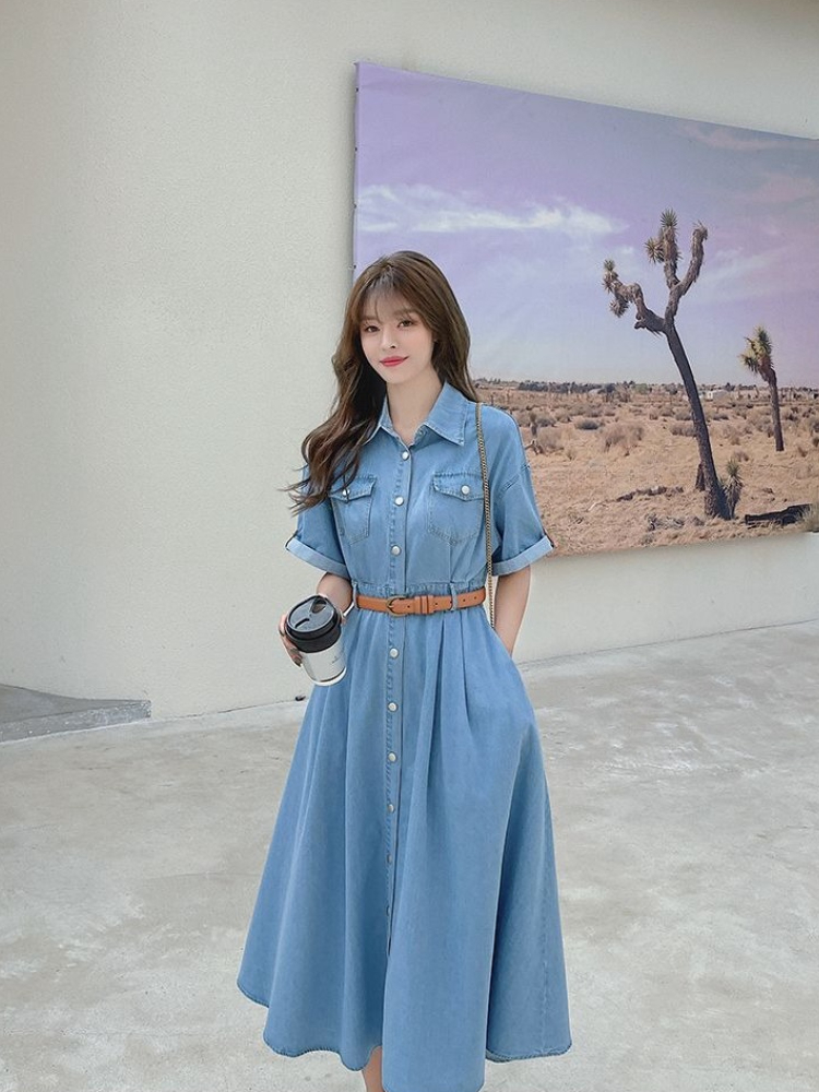 Robe en jean pour femme, nouve - Korean Style A Line Shirt Dress avis et prix