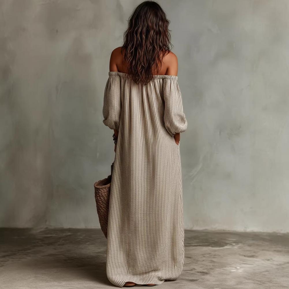 Robe longue maxi rayée à épaul - Off Shoulder Puff Sleeve Sundress avis et prix
