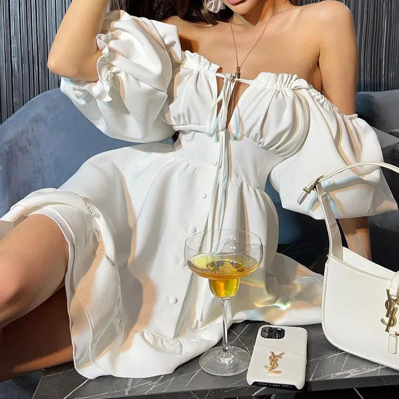 Mini robes d'été à épaules dén - Off Shoulder Puff Sleeve Sundress avis et prix