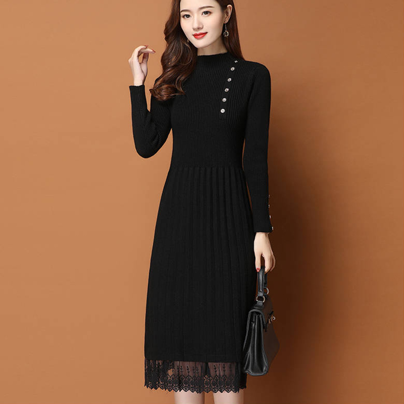 Dentelle ourlet boutons femmes - Bodycon Long Sleeve Ribbed Dress avis et prix