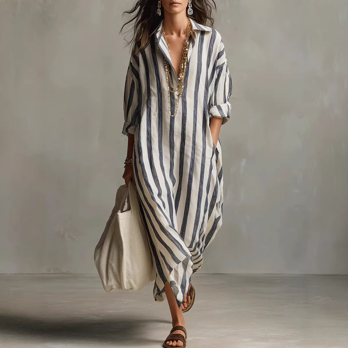 Robe longue décontractée et él - Casual Loose Linen Shirt Dress avis et prix
