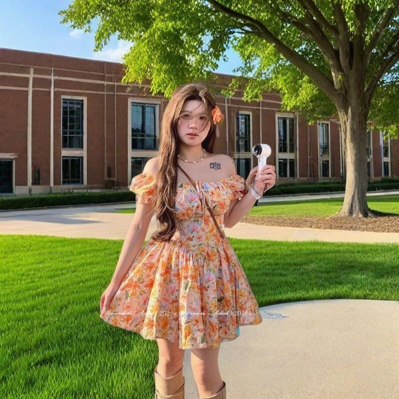 Robe Courte Décontractée Orang - Off Shoulder Puff Sleeve Sundress avis et prix